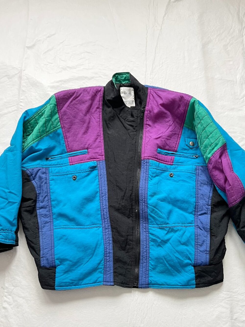 Vintage ski jacket Together color block knit mountain Medium puffer coat zip up